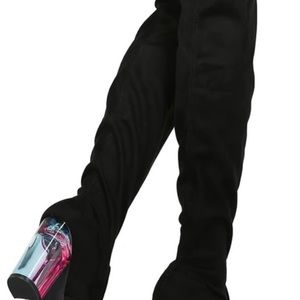 Qupid Womens Fox Suede Over Knee Pointy Toe Block Heel Boot. “Lucite”